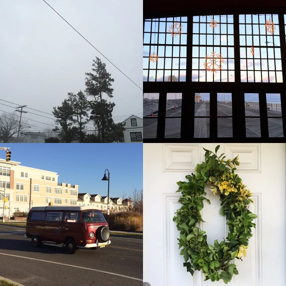 1) Backyard fog. 2) Boardwalk snow. 3) City bus. 4) Front door brush. 
