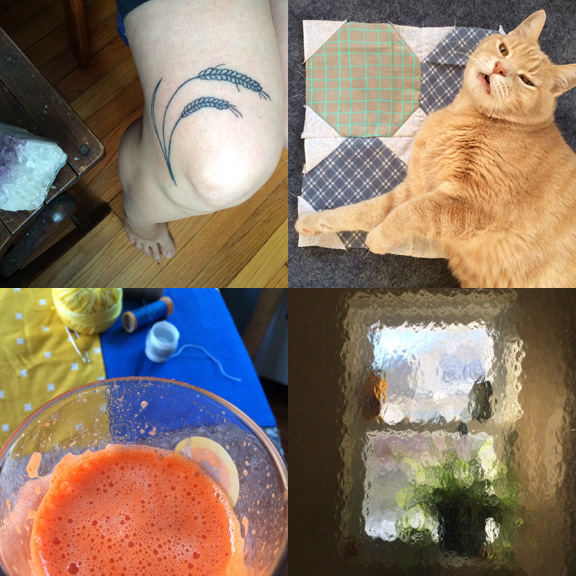 1) New tattoo! 2) New block. 3) Juice and work. 4) a faux watercolor. 