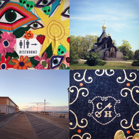 1) Yarn bombing at Convention Hall. 2) Gold caps in Howell, NJ. 3) Dreamy sunsets on the Asbury Park boardwalk. 4) Fancy carpets in Cape May, NJ. 