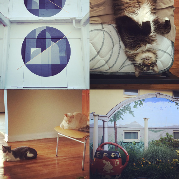1) Art on the boardwalk. 2) Lazybones. 3) Brother and sister. 4) Escape in town. 