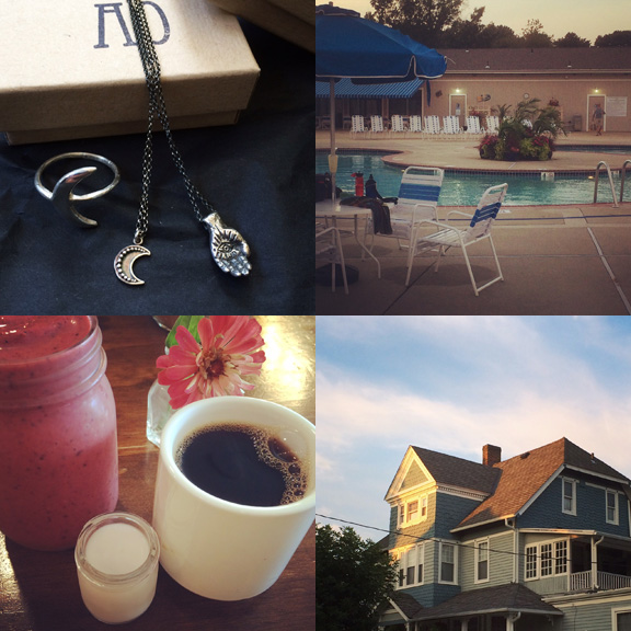 1) Lovely objects from Arcana Obscura. 2) Evenings poolside. 3) Leisurely breakfasts. 4) That golden hour. 