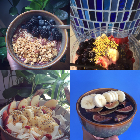 1) My very first at home #smoothiebowl. 2) A delicious one from Juice Beach. 3) My sweetest bowl yet! Mangos, peaches, bananas, all the fixins. 4) Easy and simple with figs from my dad. 