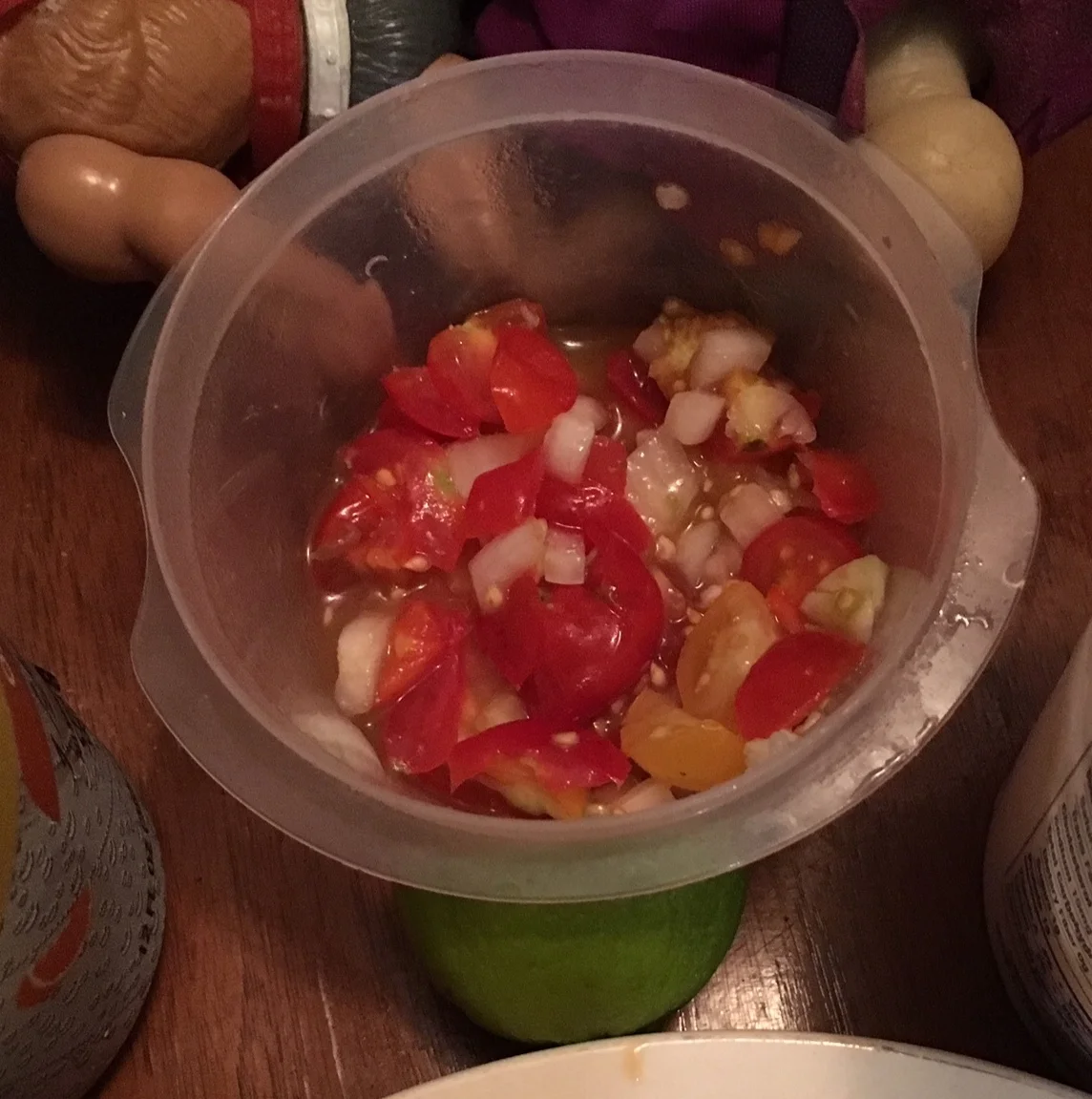 Home made salad with home grown tomatoes and spicy peppers.
