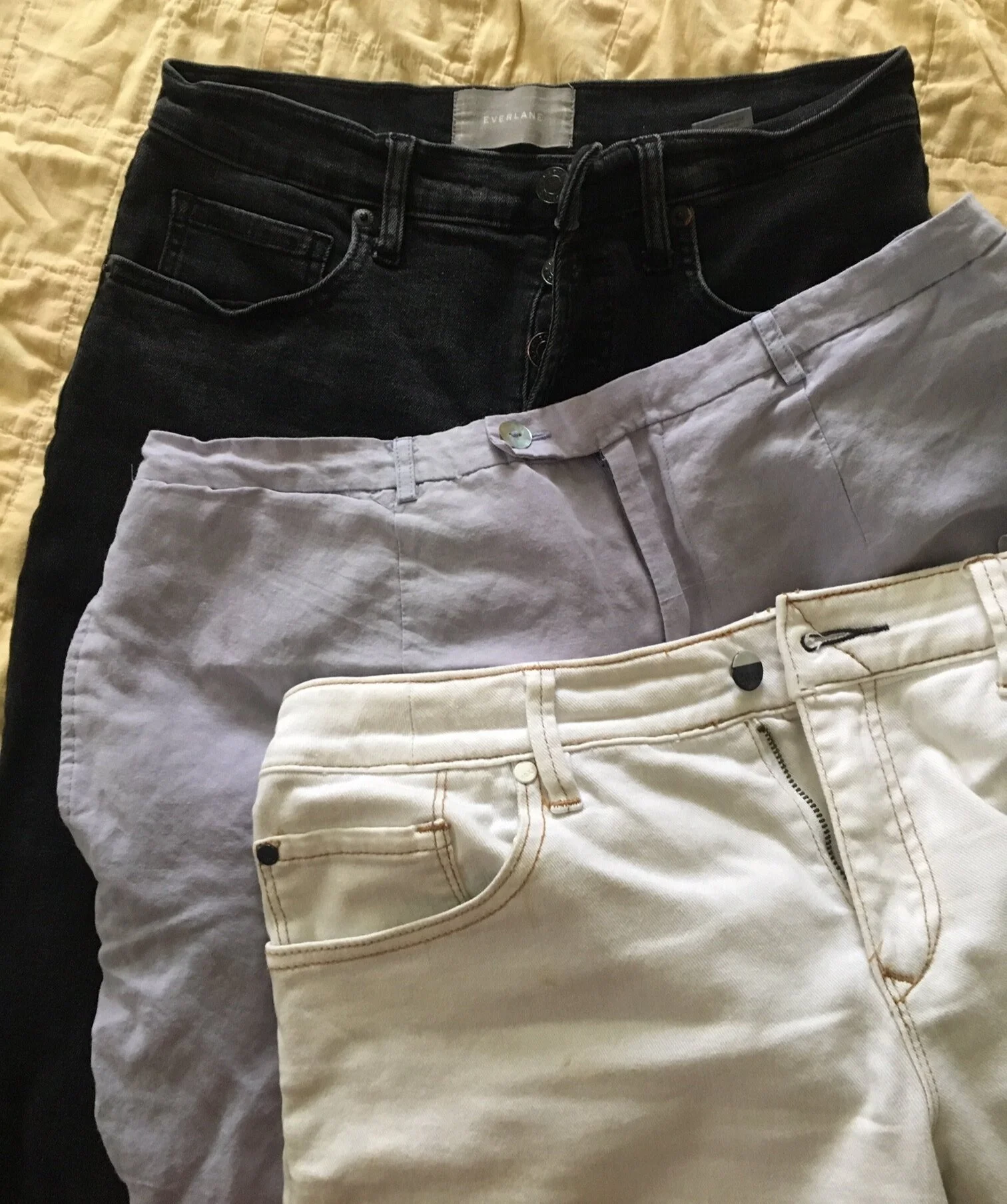 New favorite jeans, silk/linen thrifted pants (fully lined), perfect summer shorts now 10+ years old.