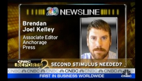 Screenshot from Brendan's CNBC appearance. "The funny part is they Photoshopped out my earrings," Brendan says, "and ADN’s gossip column, the Alaska Ear, wrote about it with side-by-side images of what I’d given them and what appeared on screen." / Courtesy of Brendan