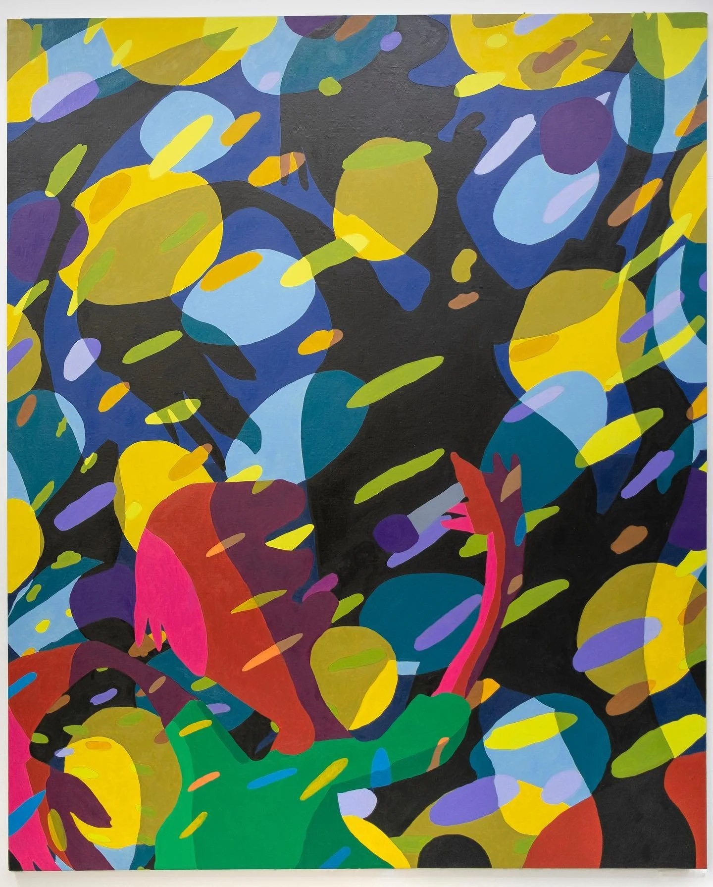 Karaoke Night 🎤🪩 50 x 40 inches, oil on linen. This painting is based on fond memory booking a karaoke room at a bar in Koreatown, LA with dear friends. We sang Bohemian Rhapsody, Ironic by Alanis Morissette, Lady Gaga and the Beach Boys and many o