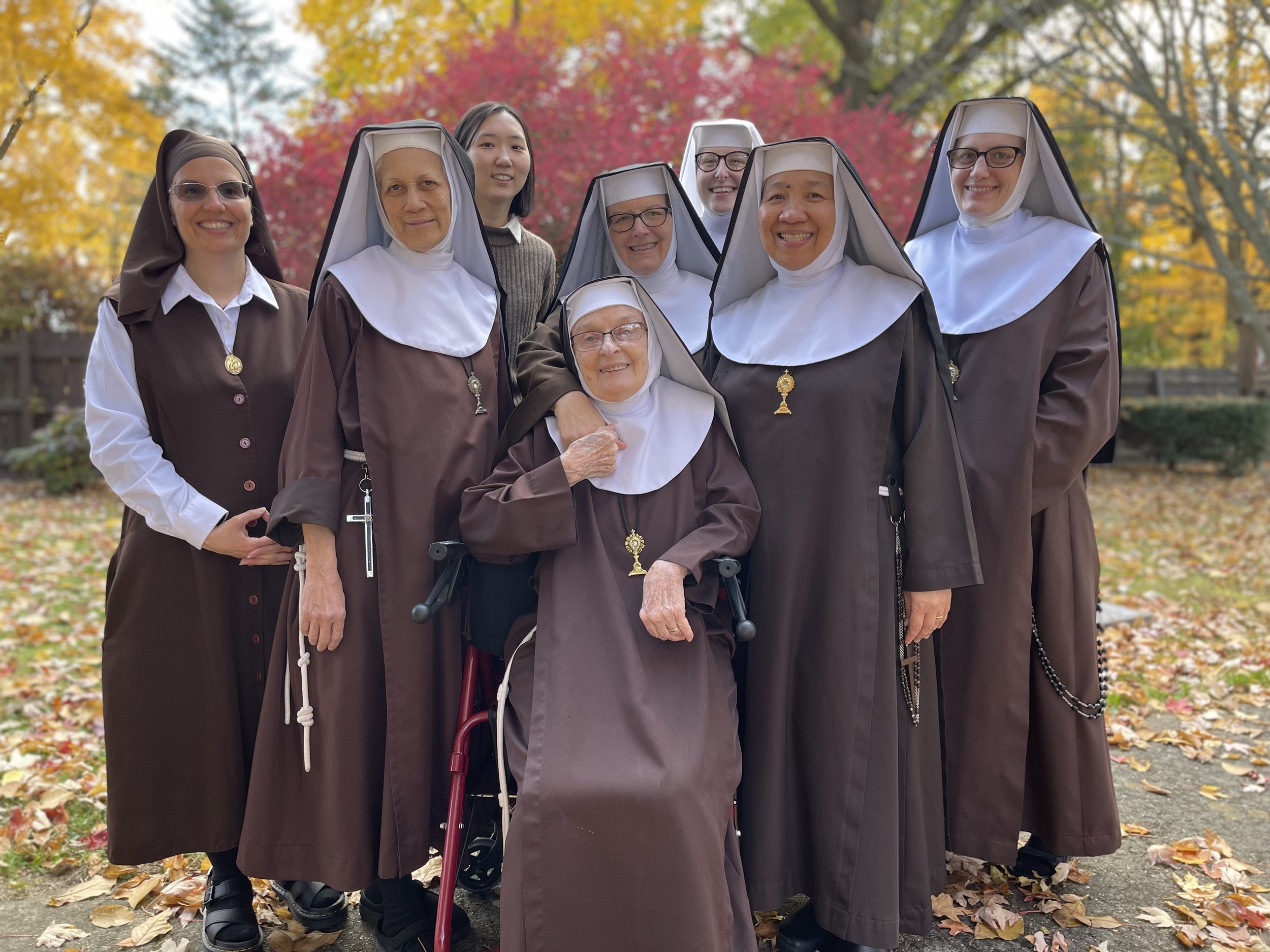 From left to right: Sr. Mary Faustina as a postulant, Sr. Mary Magdalen, Lucia, Sr. Marion Celine, Sr. Dolores Marie, Sr. Thérèse Marie, Mother Mary Gertrude, and Sr. Bridget Marie