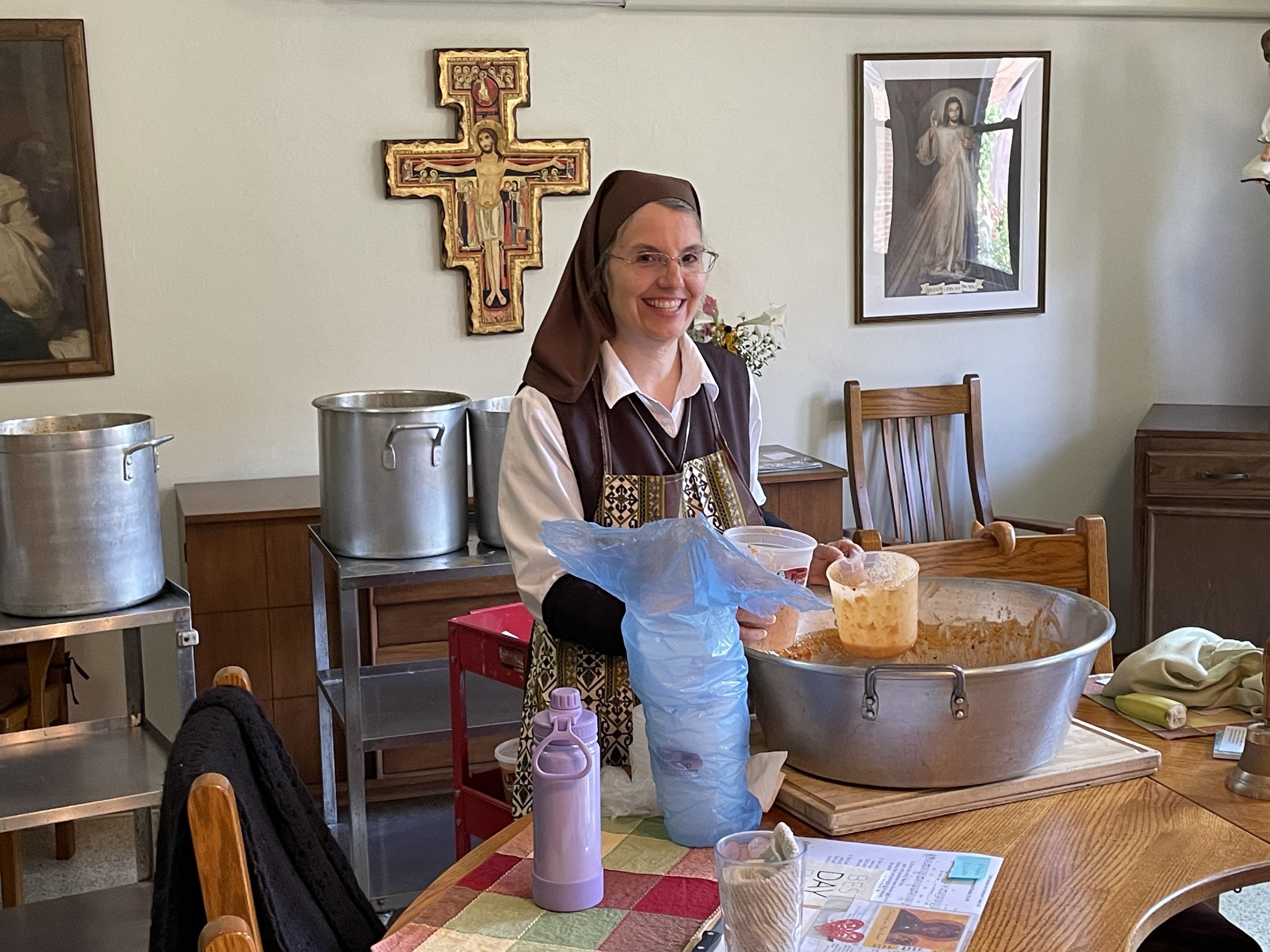  So there is a funny story behind this picture. Right above the now Sr. Mary Faustina is the AC blowing straight on her and the soup we are trying to cool. She definitely had the best spot in the monastery. 