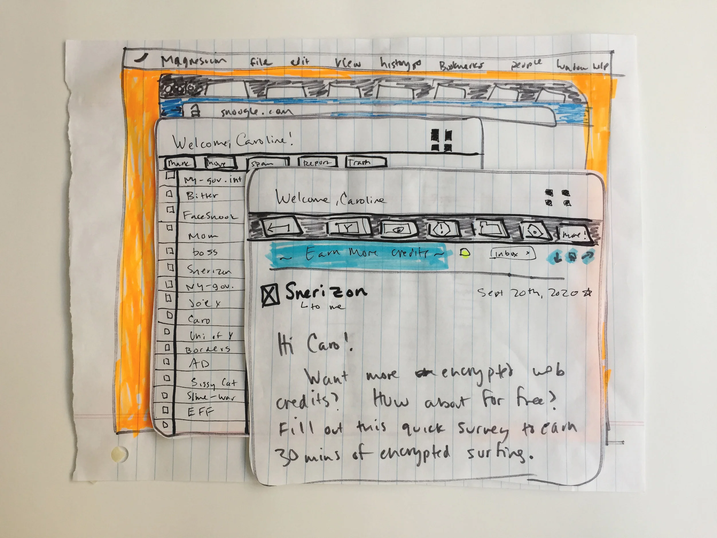 Paper prototypes of assets, narrative, and UI. 