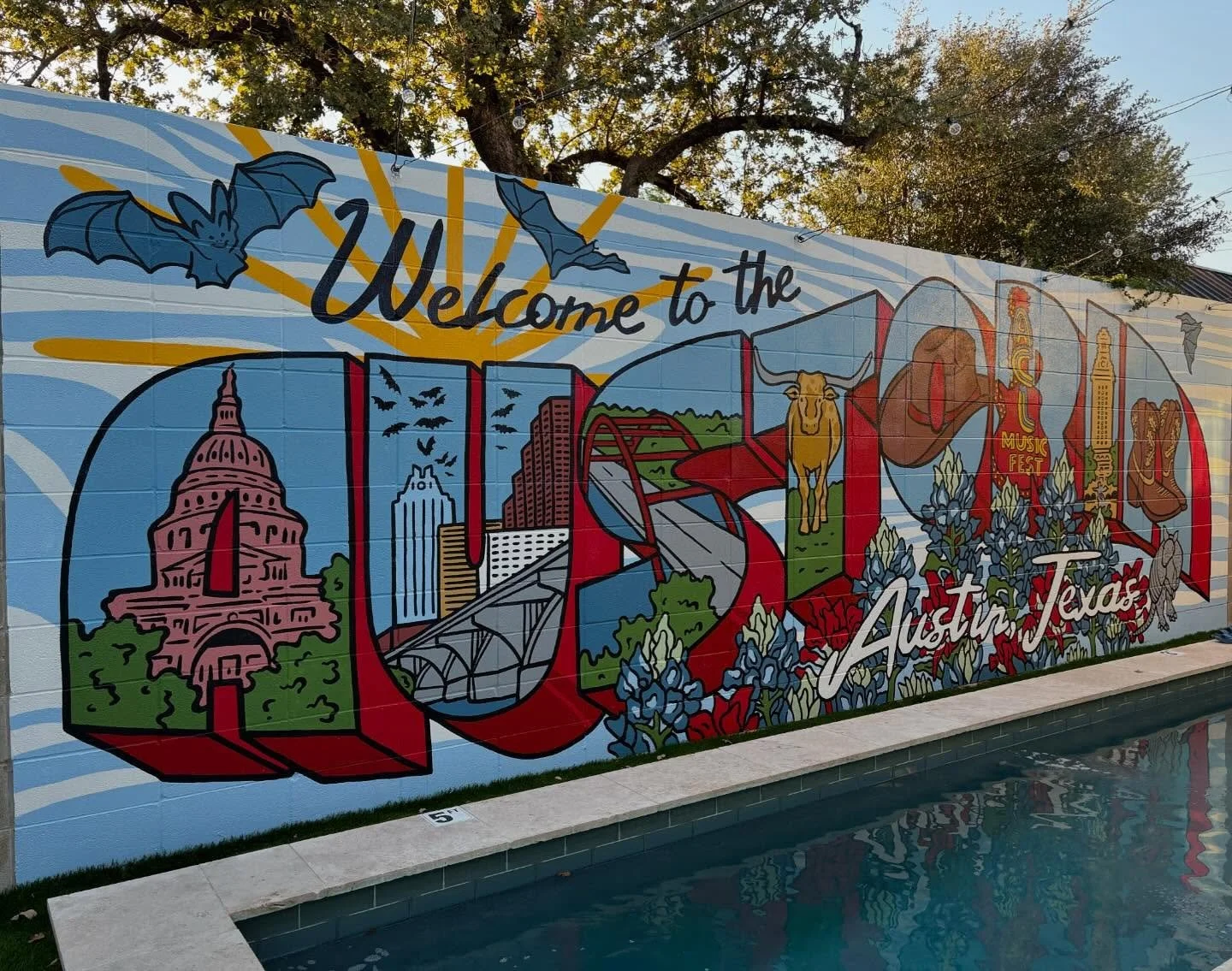 Poolside mural completed a few weeks ago for a lovely Clarksville vacation rental and finally getting around to posting after a very busy few weeks! That ledge wasn&rsquo;t quite wide or level enough for any of my ladders or step stools so I had to d