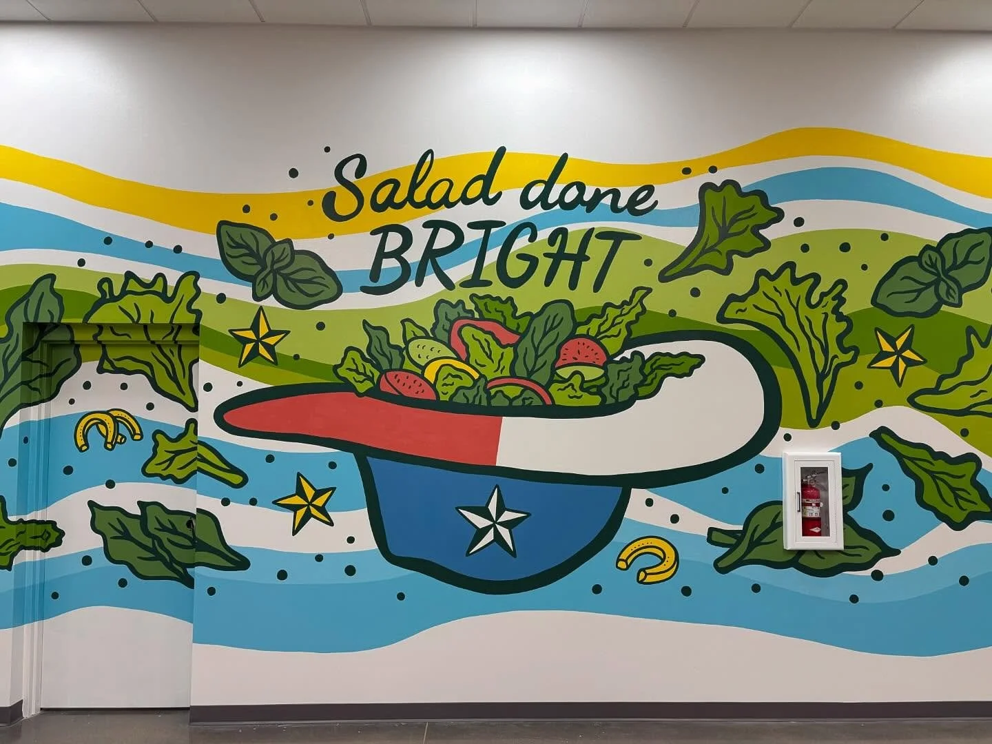 Another nice big mural painted last week for the Bright Farms greenhouse in Lorena, TX. Three days of painting and a lot of driving, but so happy with how it turned out. Cleanest job sure I&rsquo;ve e we been on! When @brightfarms salad green mage it