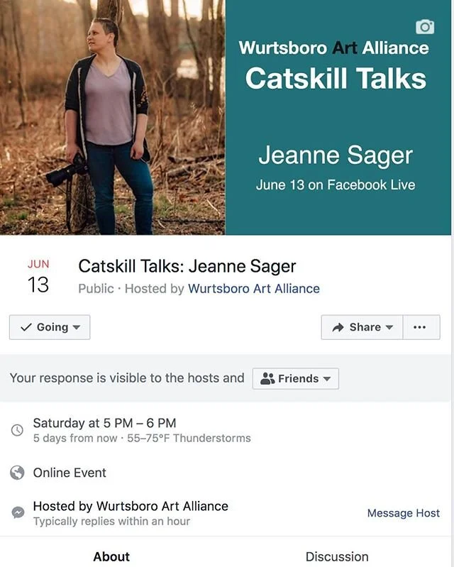 This Saturday, Catskill Talks returns for its 4th season. We will be virtual this year and will broadcast the event on Facebook Live and Zoom. 
On June 13, I will host Jeanne Eschenberg Sager at 5 p.m. Sager picked up her first camera at age six and 