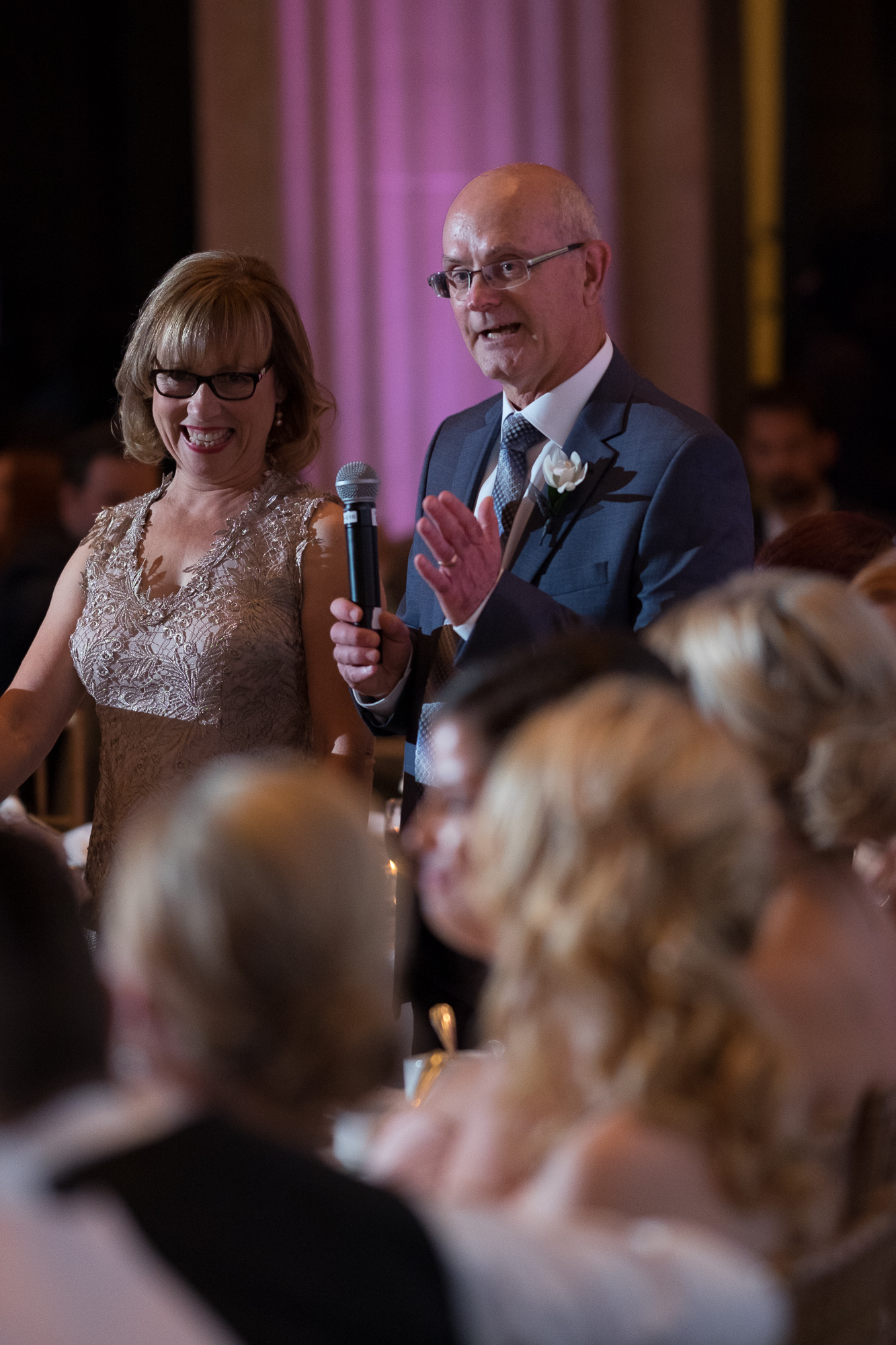  The parents of the bride give the newlywed couple a toast during their reception at One King West Hotel in Toronto. 