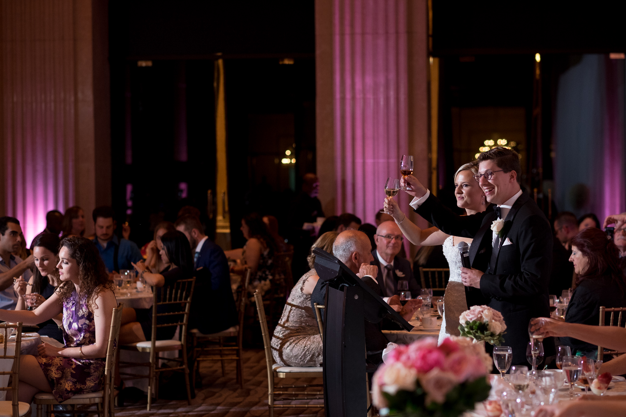  Danielle + Eric toast their guests during their speech at their wedding reception at the One King West Hotel in Toronto.&nbsp; 