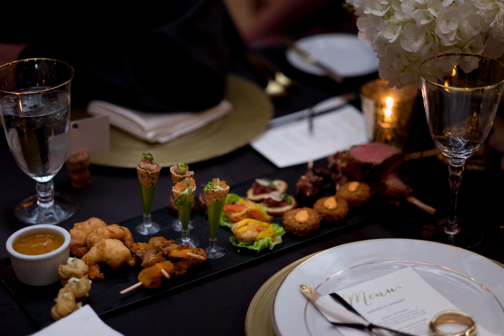  A detail shot of appetizers from a wedding reception at the Fermenting Cellar in Toronto's Distillery District. 