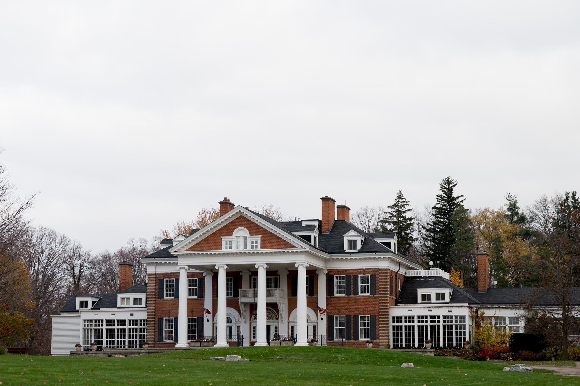  A photograph of the exterior of Langdon Hall in Cambridge from Renee + Senem's fall wedding. 