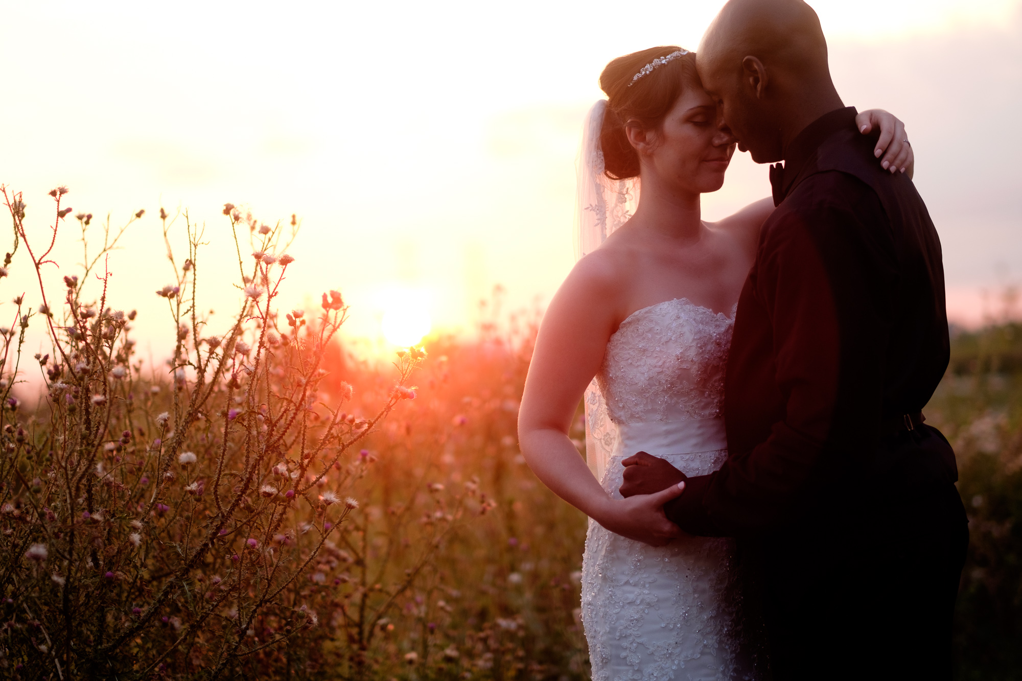  Jennifer and Alex pose for a wedding portrait during sunset at their Toronto Wedding. 