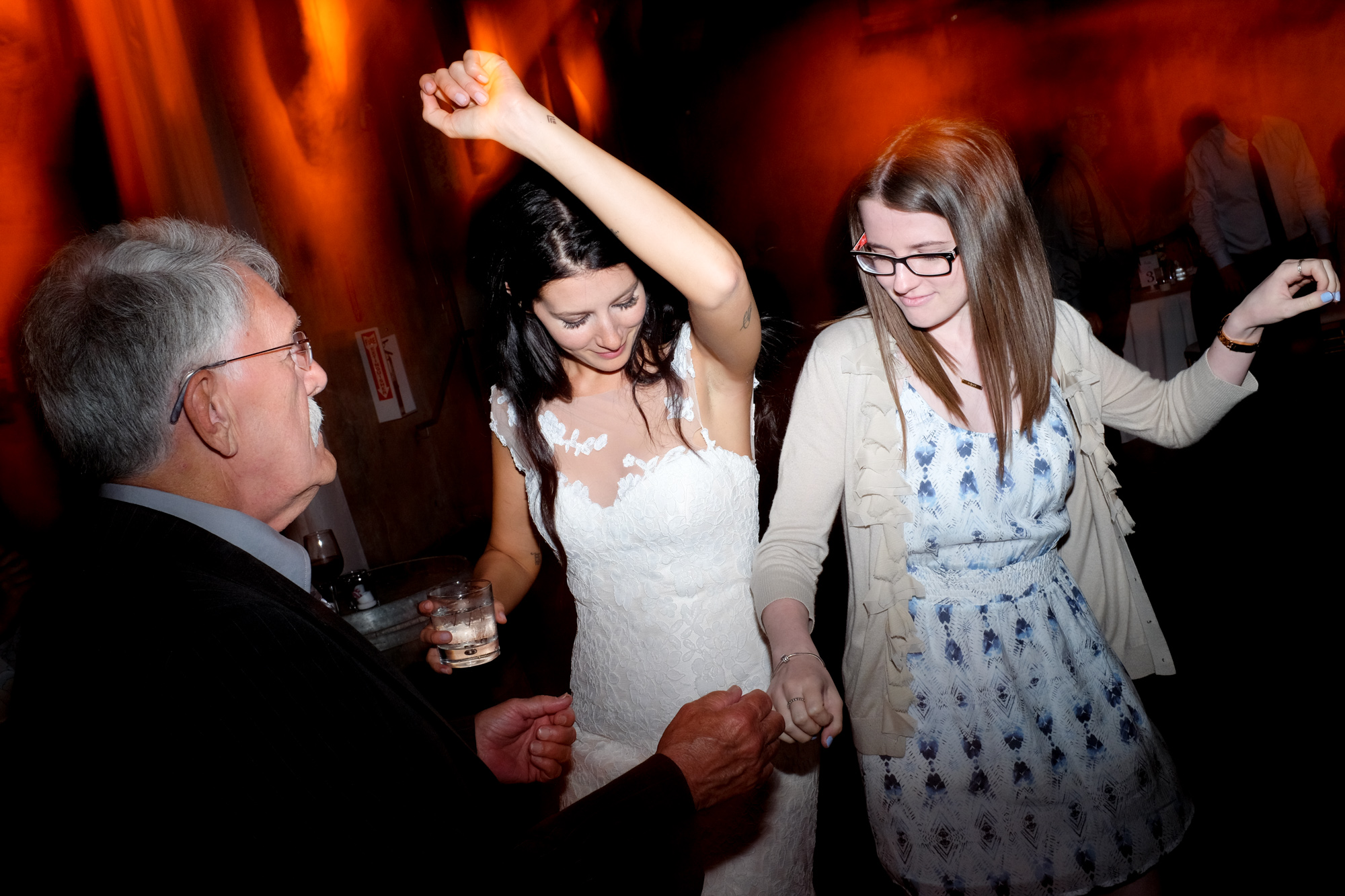  Guests dance and party during the wedding reception at the Fermenting Cellar.&nbsp; 