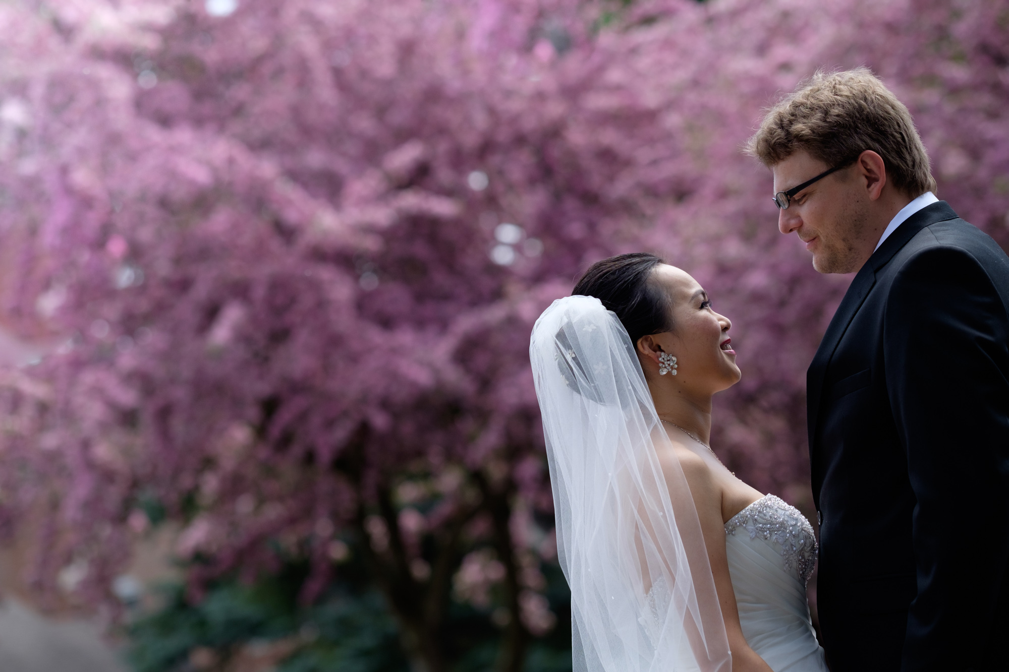 Jing + Rene pose for portraits before their wedding ceremony in Markham.