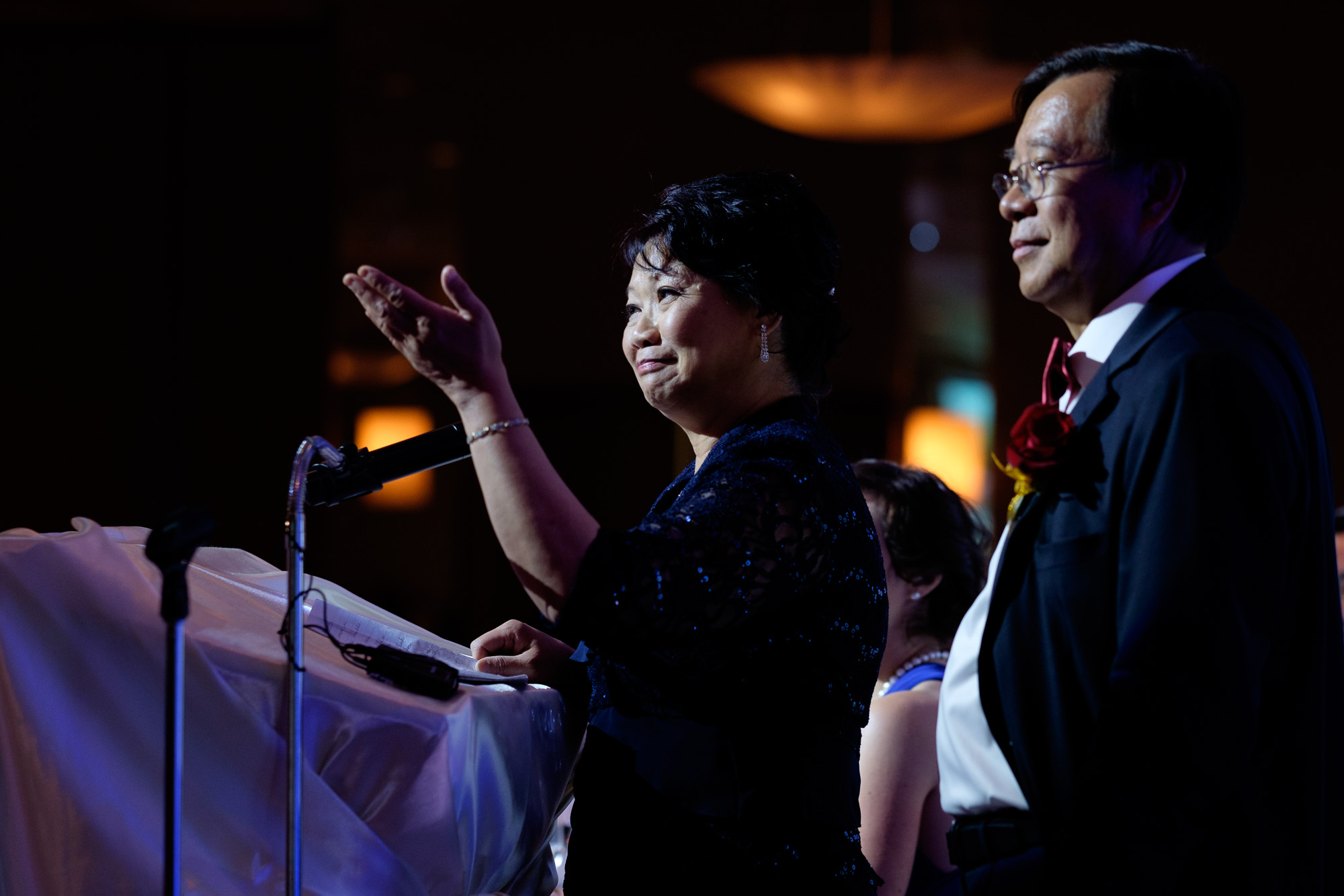  Jonathan's parents toast the newly married couple during their wedding reception in Toronto at the Columbus Centre.&nbsp; 