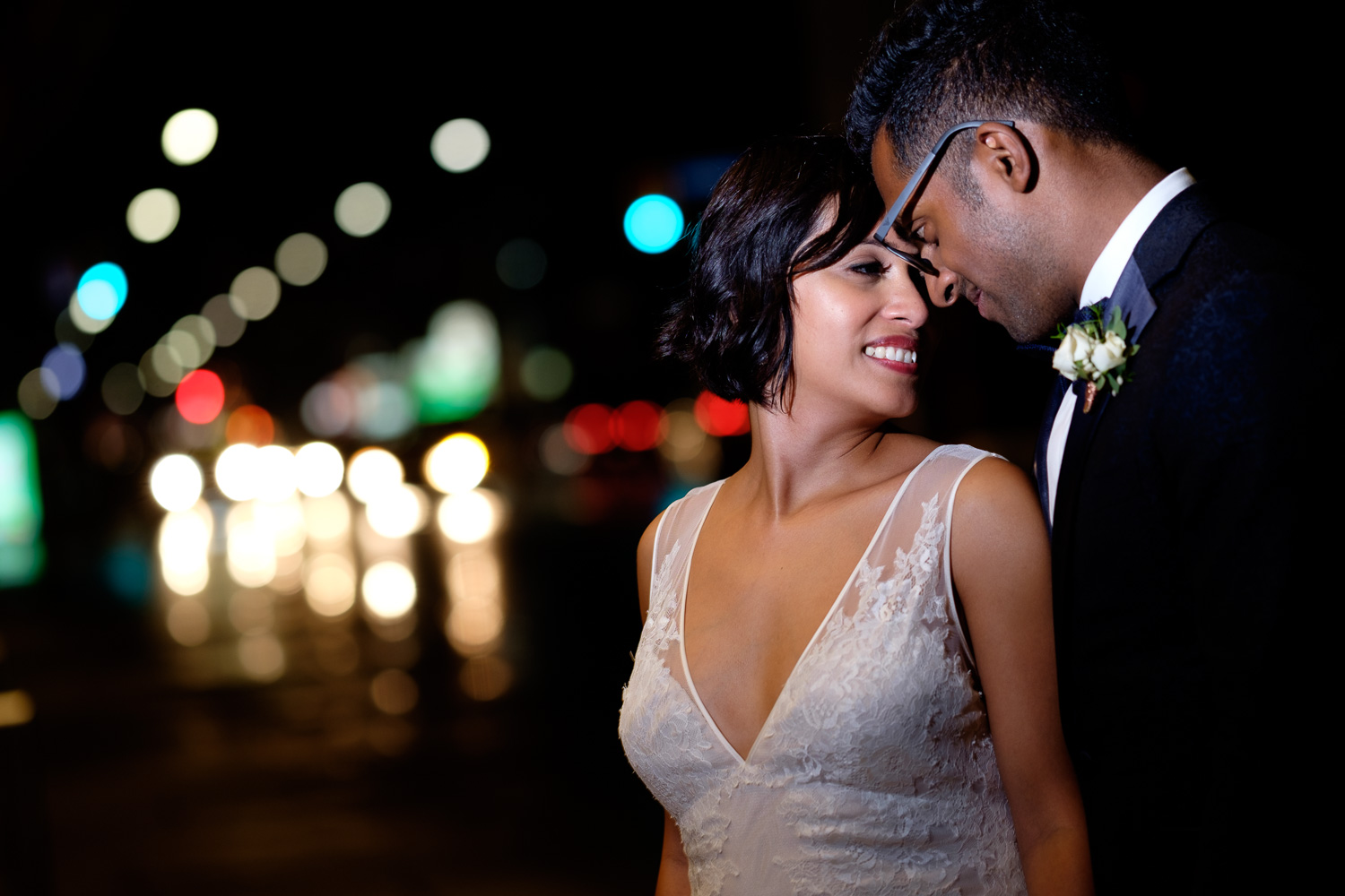  A nighttime wedding portrait of Najwa + Trevin at the wedding at the Art Gallery of Ontario in Toronto.&nbsp; 