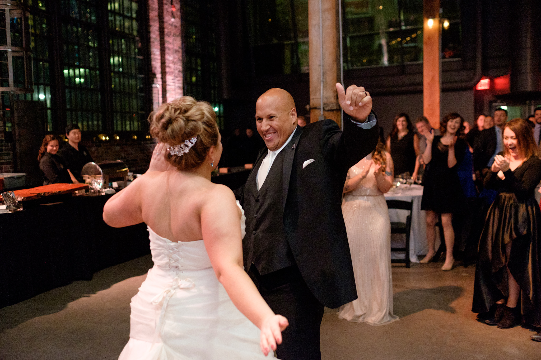  Bernie and Savannah make an entrance during their wedding reception at the Steamwhistle Brewery in Toronto.&nbsp; 