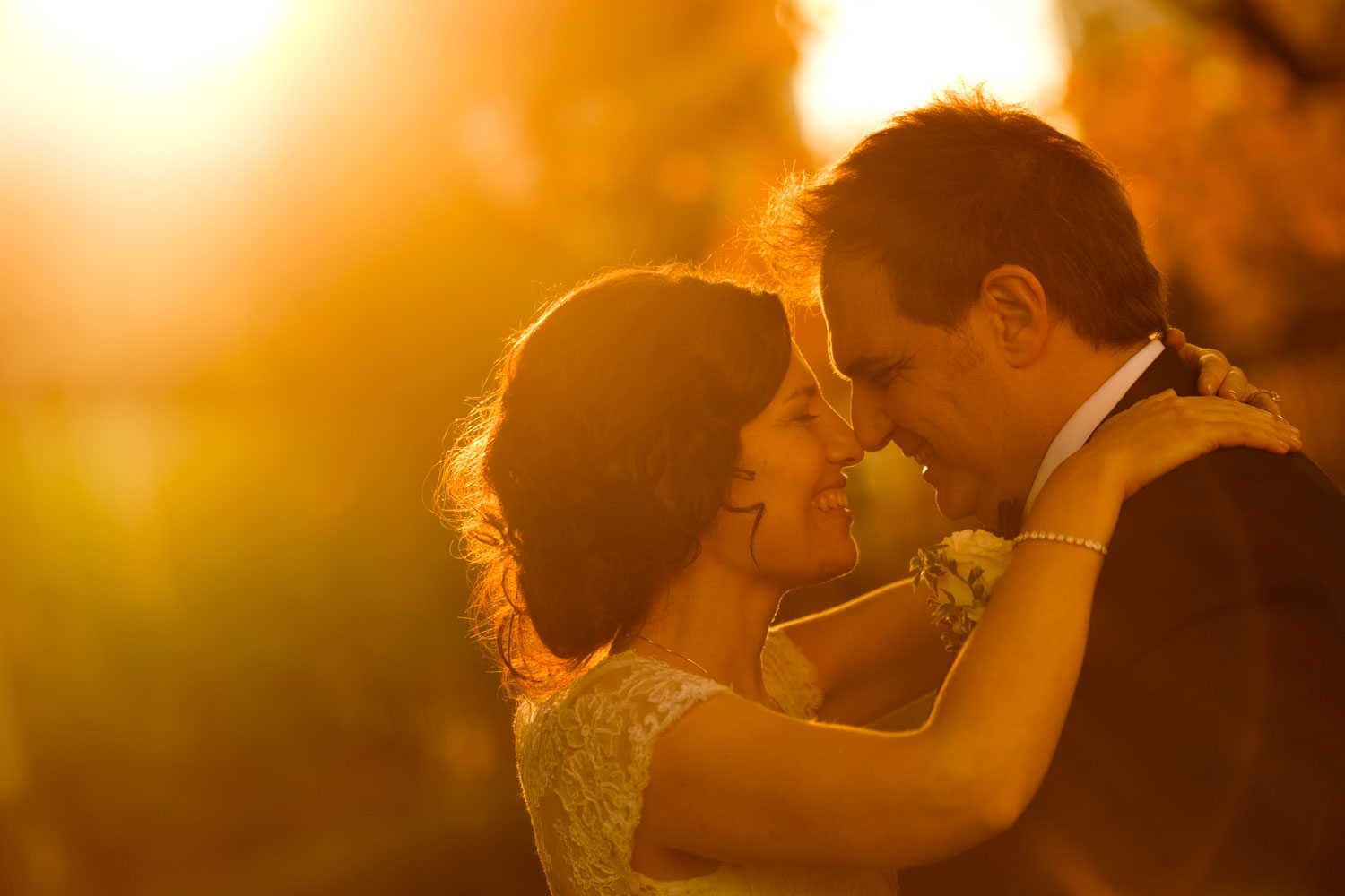 A sunset wedding portrait at Graydon Hall in Toronto. 