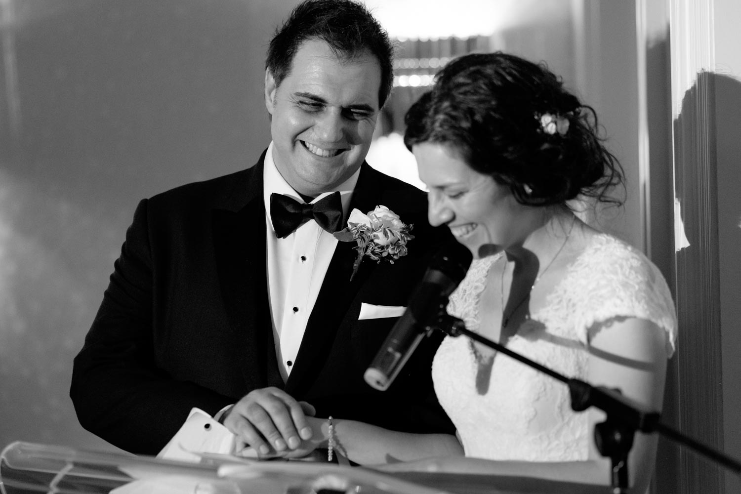  the newlywed couple gives a speech during their wedding reception at Graydon Hall in Toronto.&nbsp; 