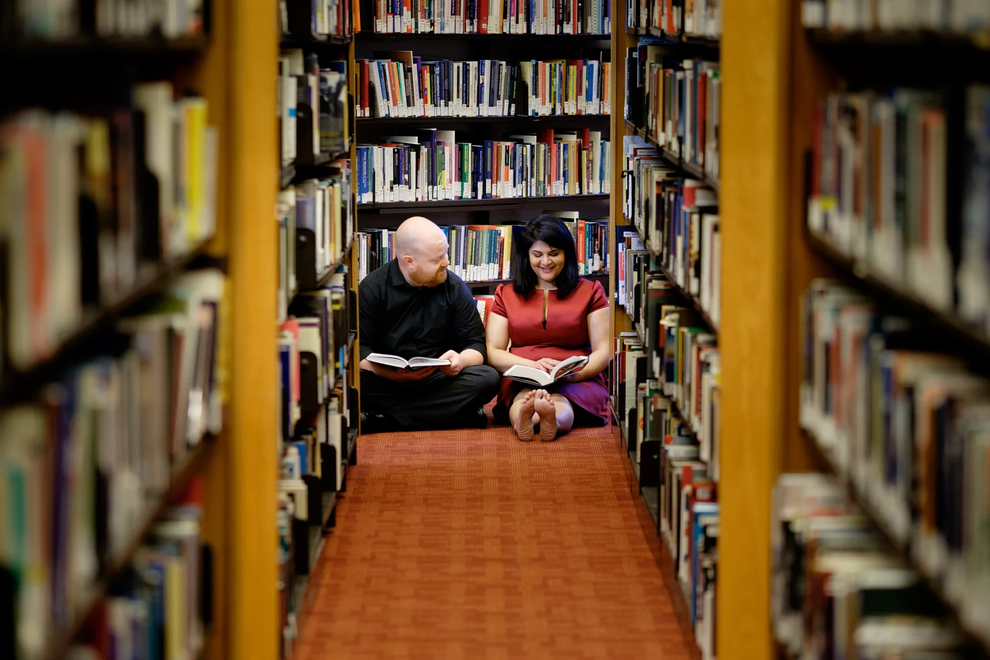 A photograph from Noor + John's downtown Toronto engagement session at the Toronto Reference Library.