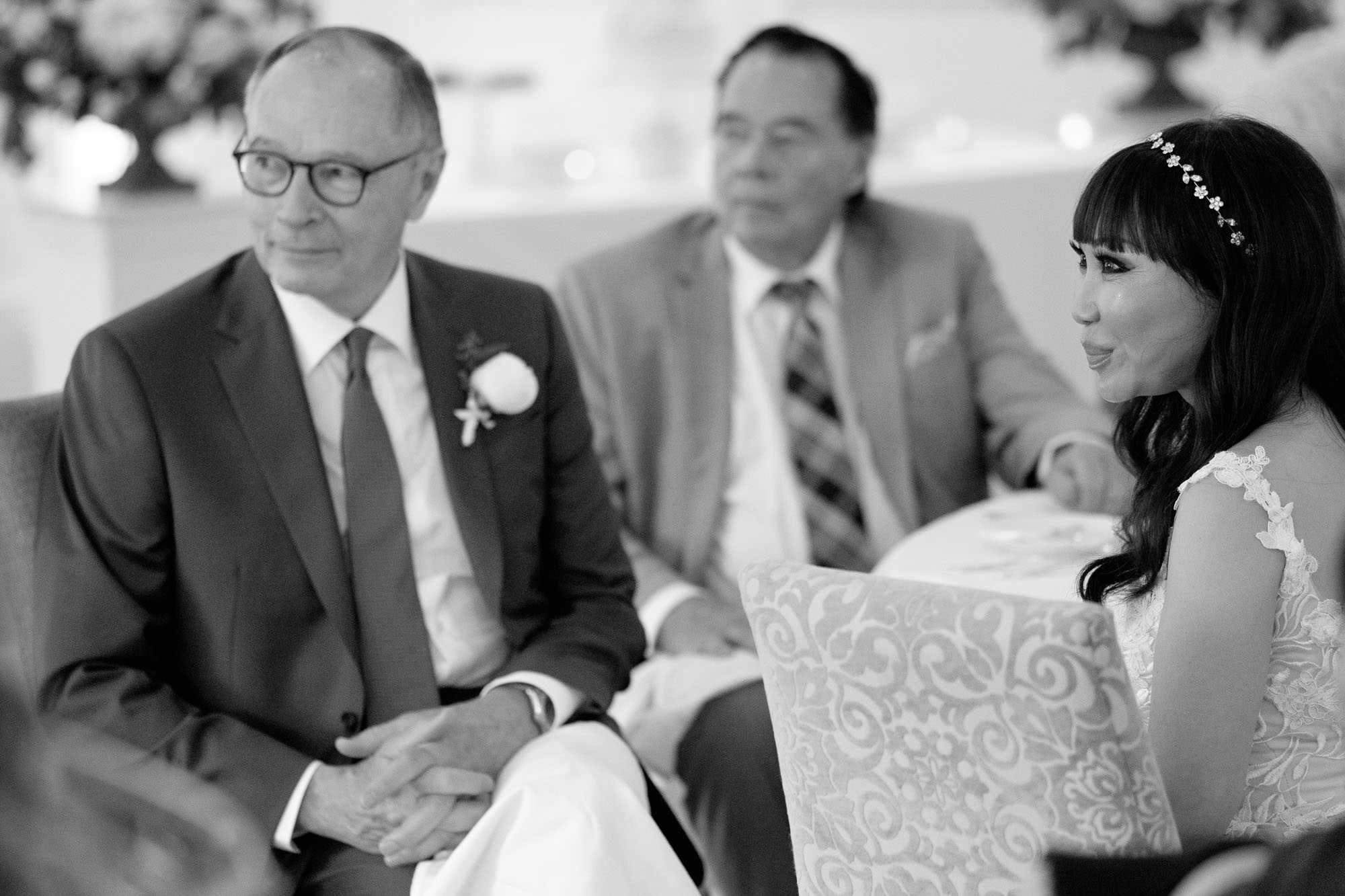  Robert and Teresa listen from their seats as his daughter toasts them during their wedding reception at Langdon Hall in Cambridge, Ontario. &nbsp;Photo by Scott Williams. 