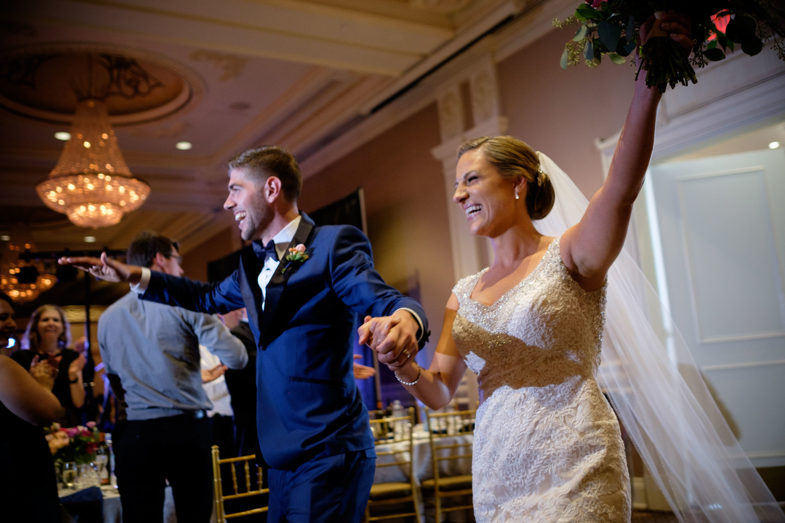  Sabrina + Zach make their grand entrance into their wedding reception at the Jewel Event Centre in Toronto.&nbsp; 