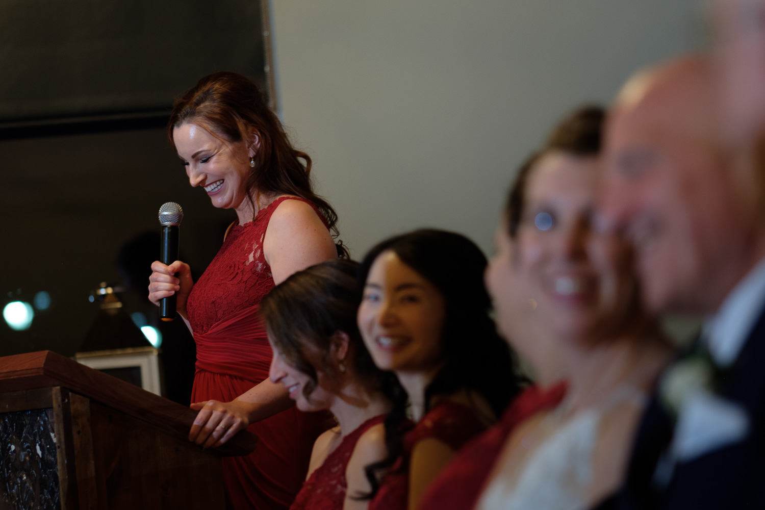 One of Coral’s bridesmaids gives a wedding toast to the couple during the wedding reception at the Dominion Telegraph Event Centre.