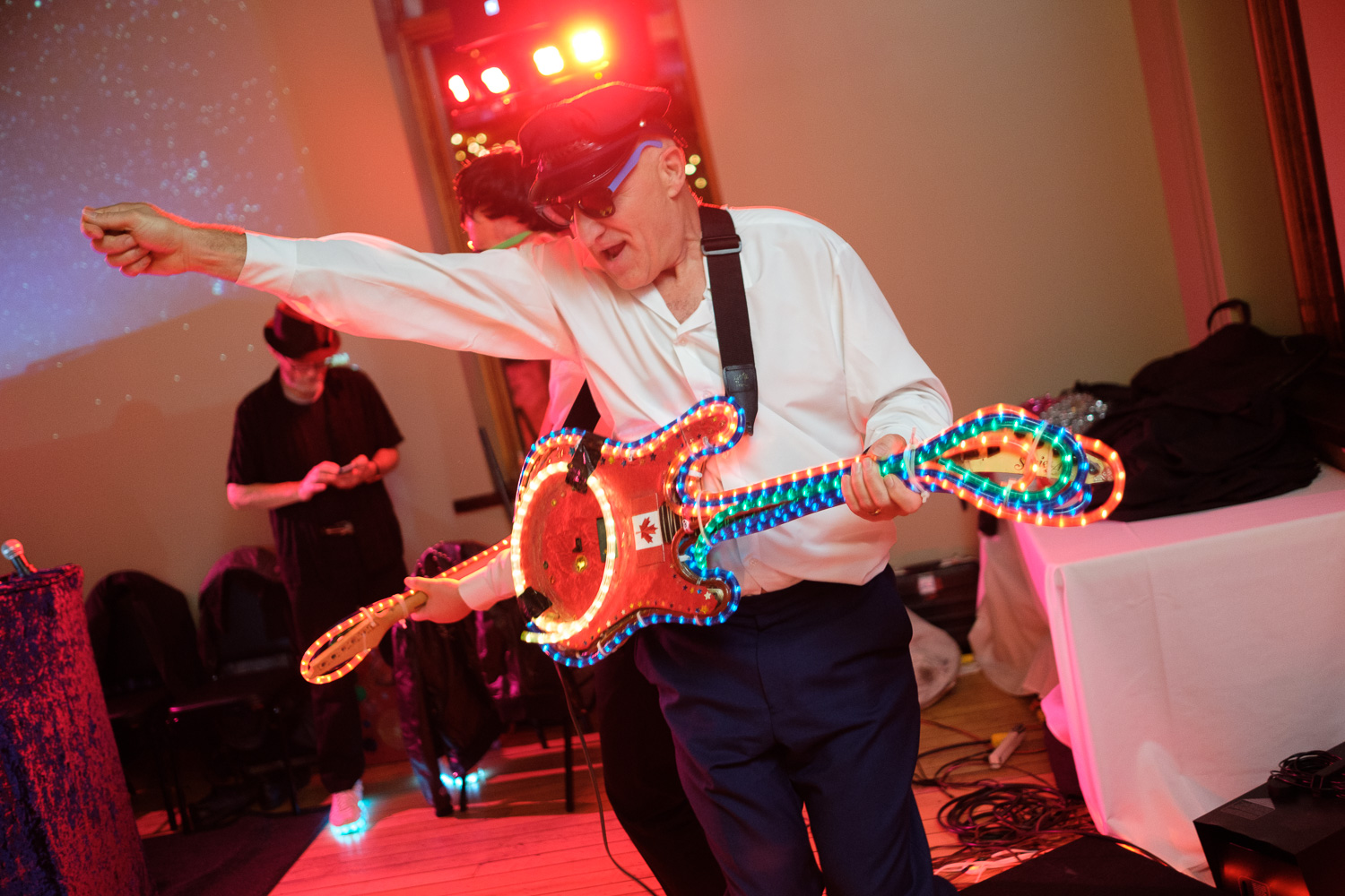  Stephen rocks out during the wedding reception at the Dominion Telegraph Event Centre in Paris, Ontario. 