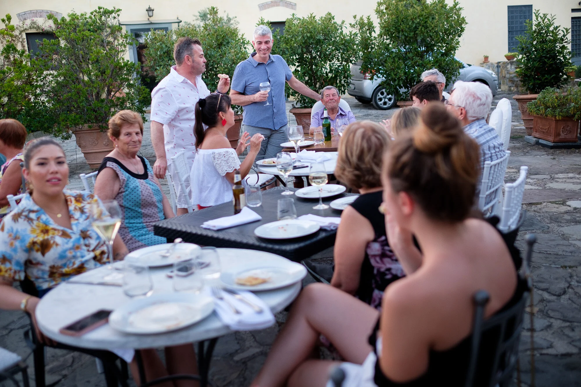 A wedding photograph from a party reception the day after Elena + Steve’s destination wedding at the villa La Sorgente di Francesca in Tuscany, Italy by wedding photographer Scott Williams (www.scottwilliamsphotographer.com)