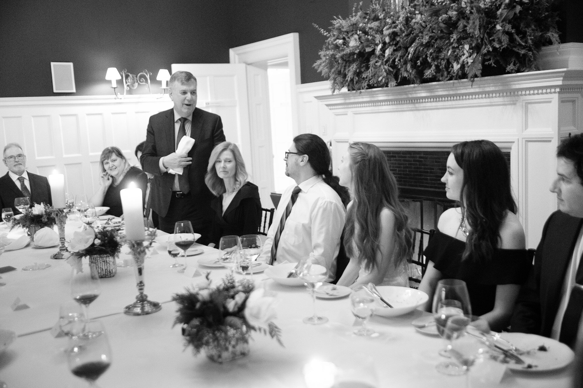  Laura’s father gives an impromptu toast during the dinner reception at their Langdon Hall wedding in Cambridge, Ontario.  Wedding photograph by Toronto wedding photographer Scott Williams (www.scottwilliamsphotographer.com) 