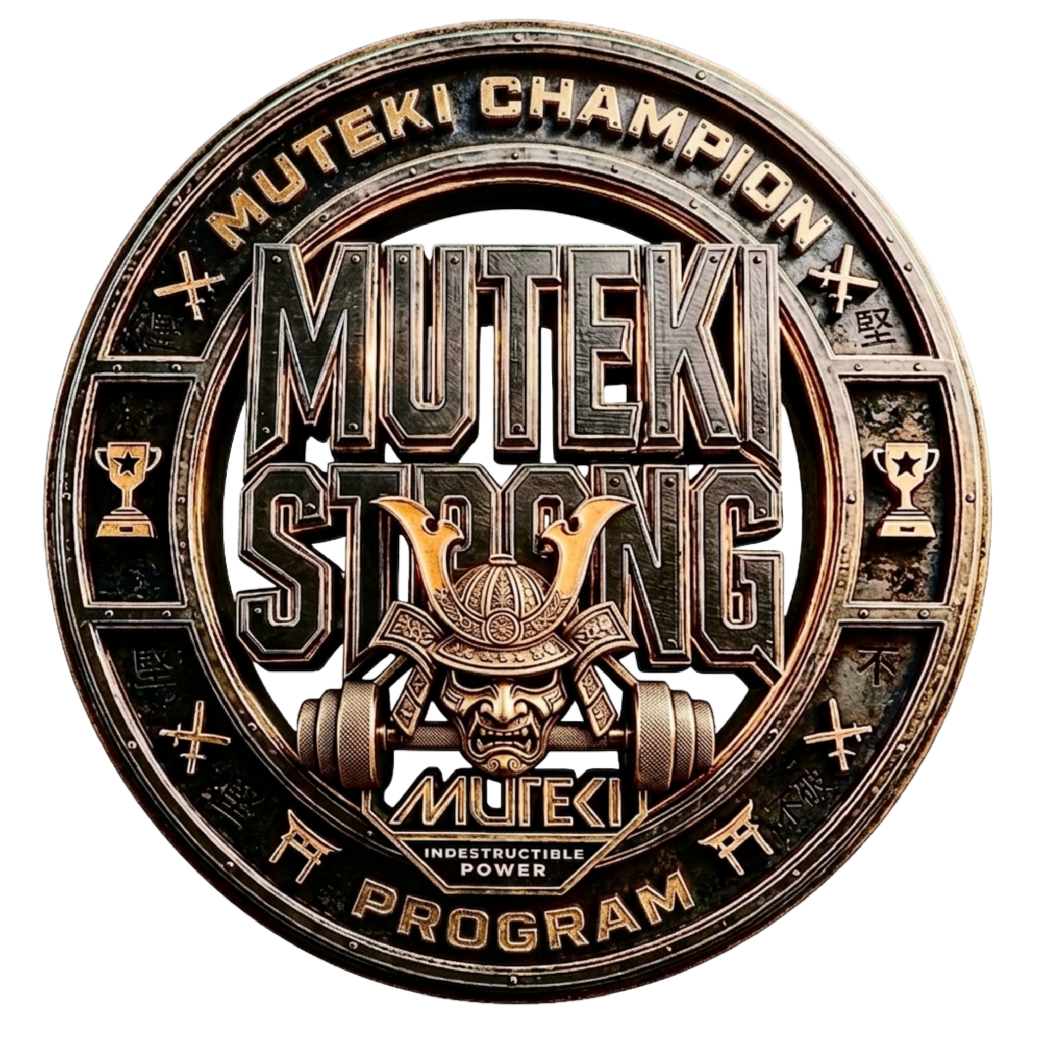 A circular badge with intricate design elements, words 'MUTEKI CHAMPION,' 'INDESTRUCTIBLE POWER,' 'PROGRESSION,' and other decorative features in a stylized metallic font.
