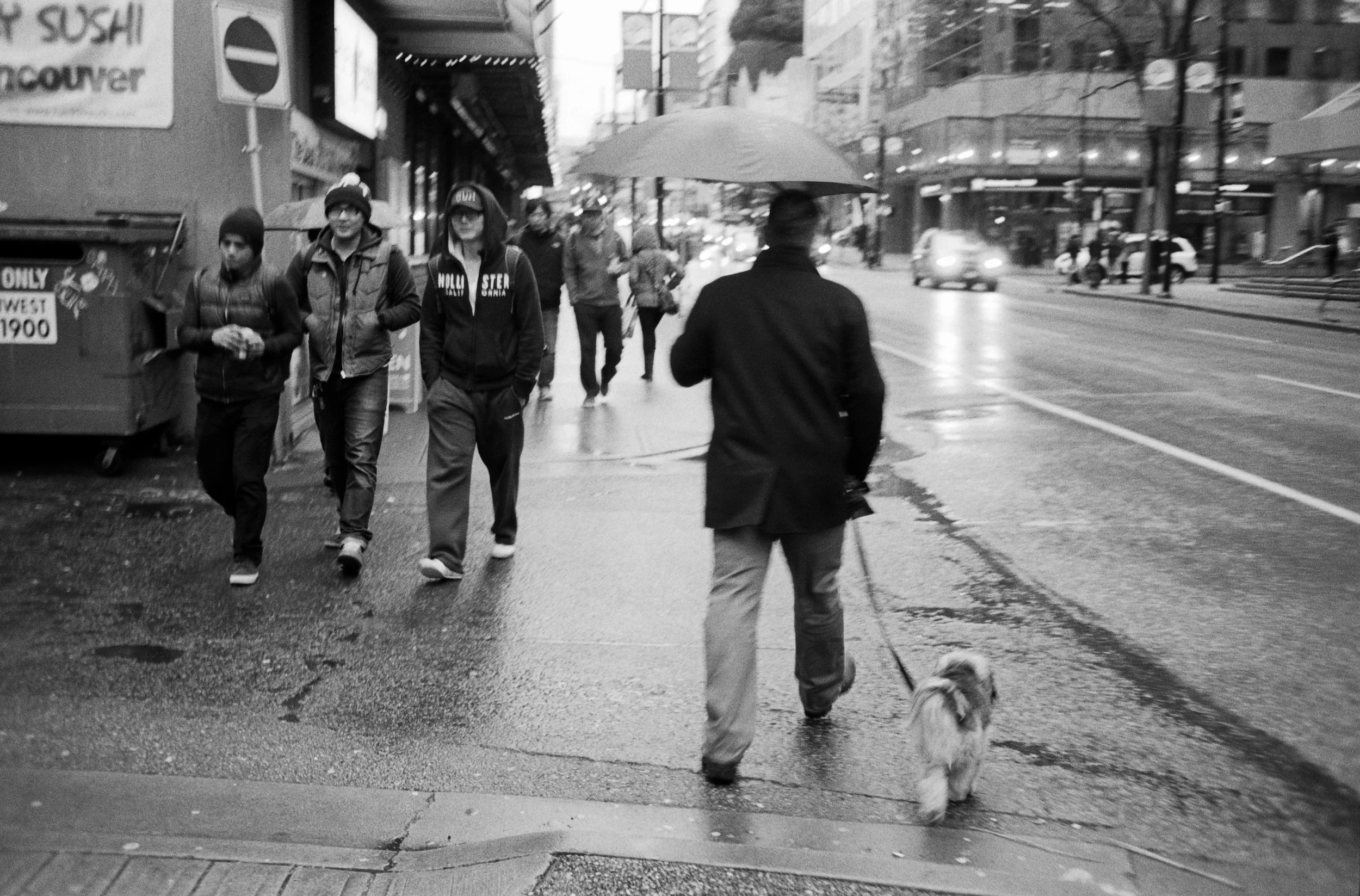 I was walking home from work and it was raining lightly. I recall having my camera pulled tight to me to avoid the rain. I saw the gentleman with his dog and then saw the corresponding other 3 fellows walking in the opposite direction. Just as they were moments from passing each other, I quickly raised my camera and took the photograph. In an instant, the moment was gone. 
