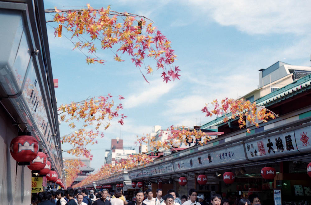 Senso-ji (Asakusa), Tokyo - What you don't see in this image is the intense amount of activity and also the sheer amount of people around us. The large lantern is currently behind me and this long pavilion leads up to the main temple area just barely visible in the distance. All along the sides are various shops selling various snacks and souvenir trinkets.