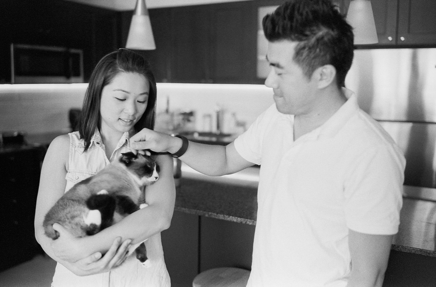 From one of my documentary photosessions this year, I photographed Danielle and Stephen (and their cat Misto). While we did have a more "directed" photoshoot later on, this photo and many others I took on this day were completely natural and I did no directing. Just observation. Here, I love how Misto the cat enjoys being both cradled and petted by her owners.