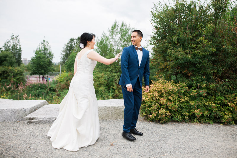 There was quite a bit of hustle and coordination involved to ensure the groom didn't see the bride prior to this moment but it was all worth it when Jesse turned around to see Patricia in her dress for the first time.