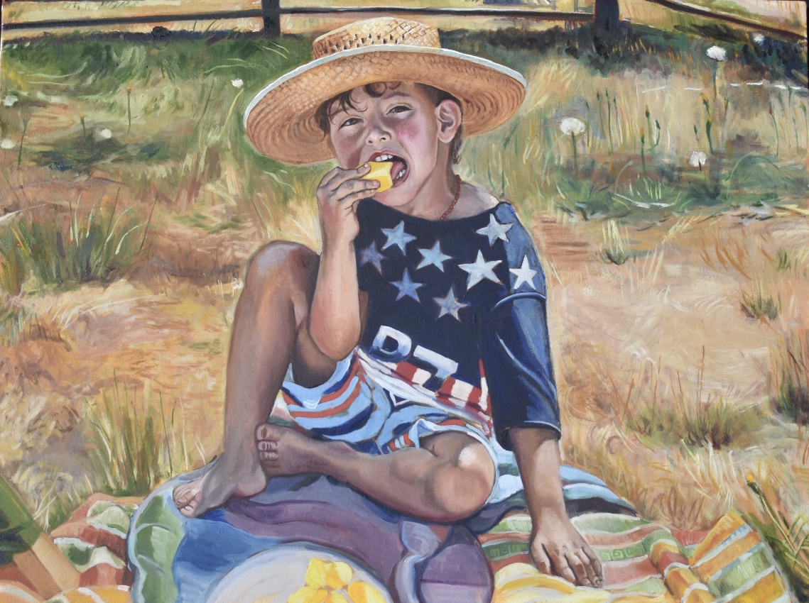 Hiro Eating Mango in a Straw Hat
