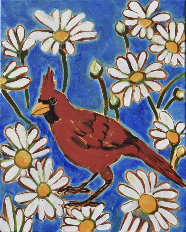 Cardinal and Daisies: a Tribute to Darlene