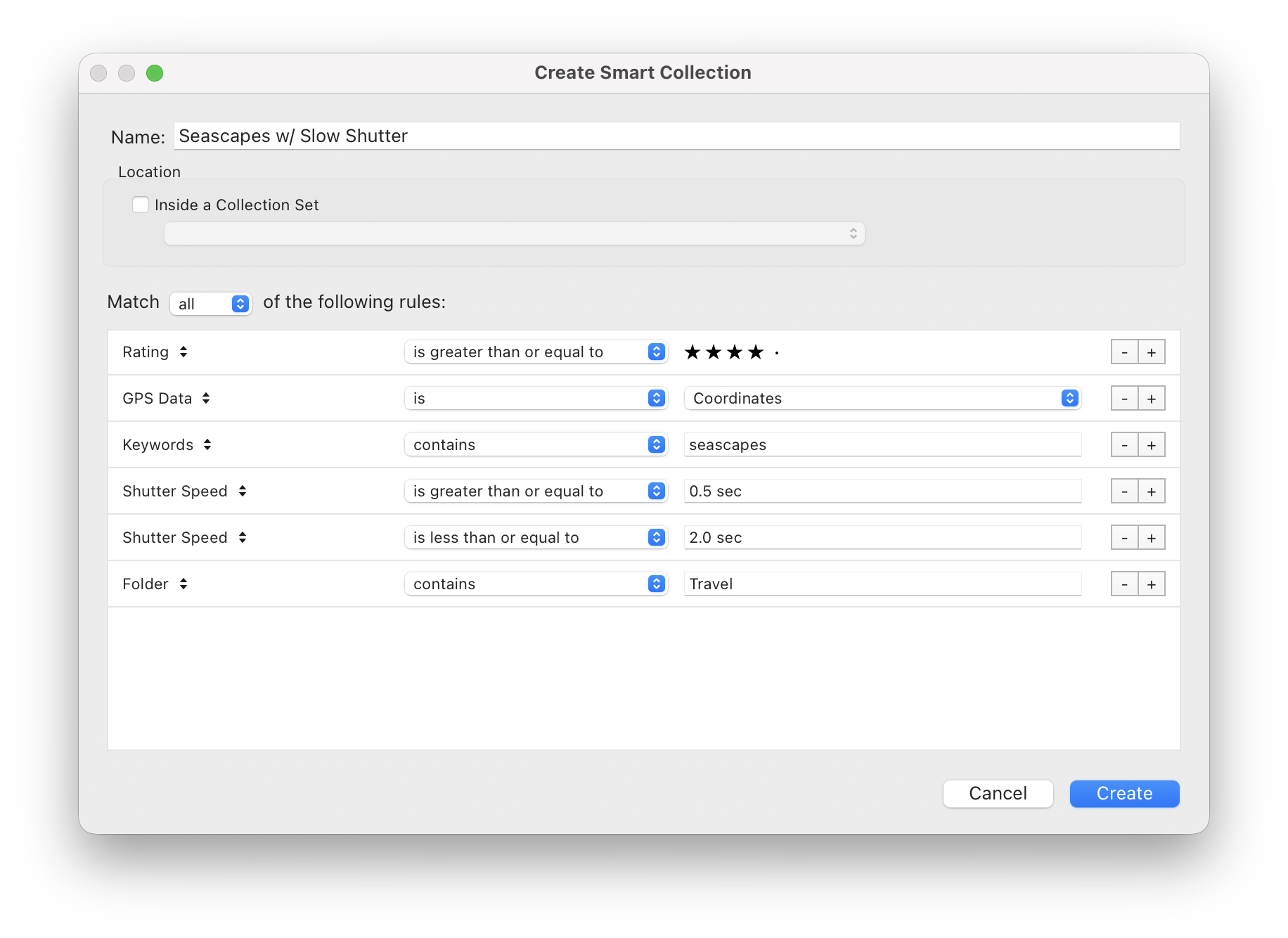 Lightroom Classic Edit Smart Collection dialog recreating Scott's seascape example, clearly showing multiple criteria including the shutter-speed range