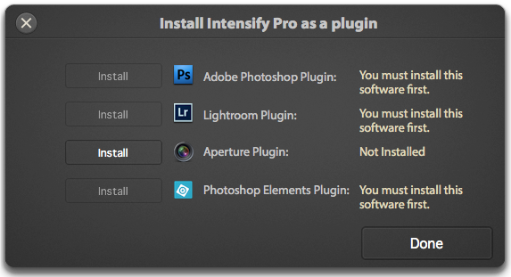 Intensify Pro runs as a plug-in for Aperture, Lightroom and Photoshop