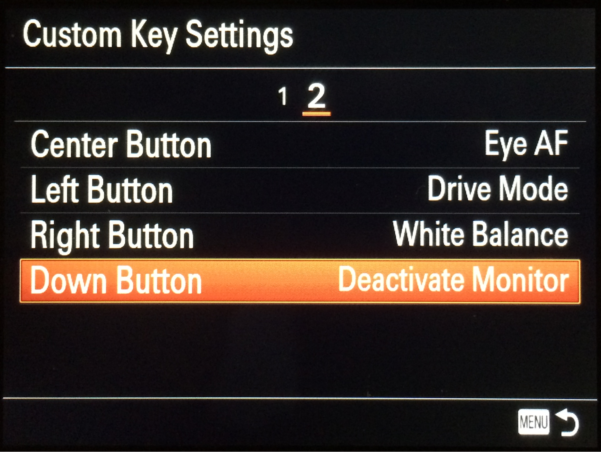 Sony A7R, Custom Key Settings menu, Page 2
