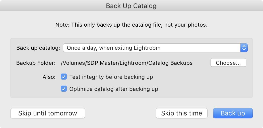 Choosing where Lightroom backs up your catalog