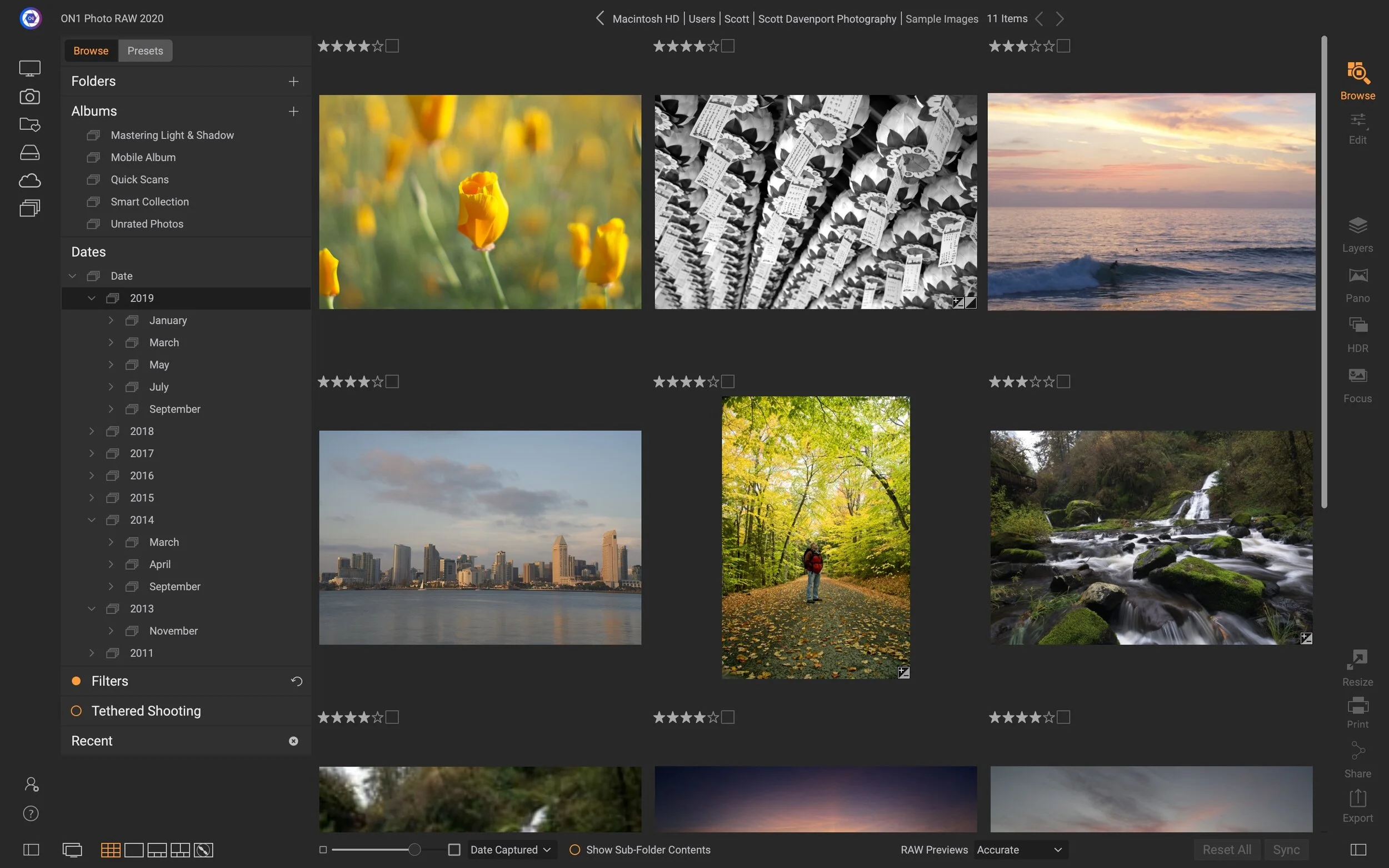 Browse your cataloged folders by date in ON1 Photo RAW 2020