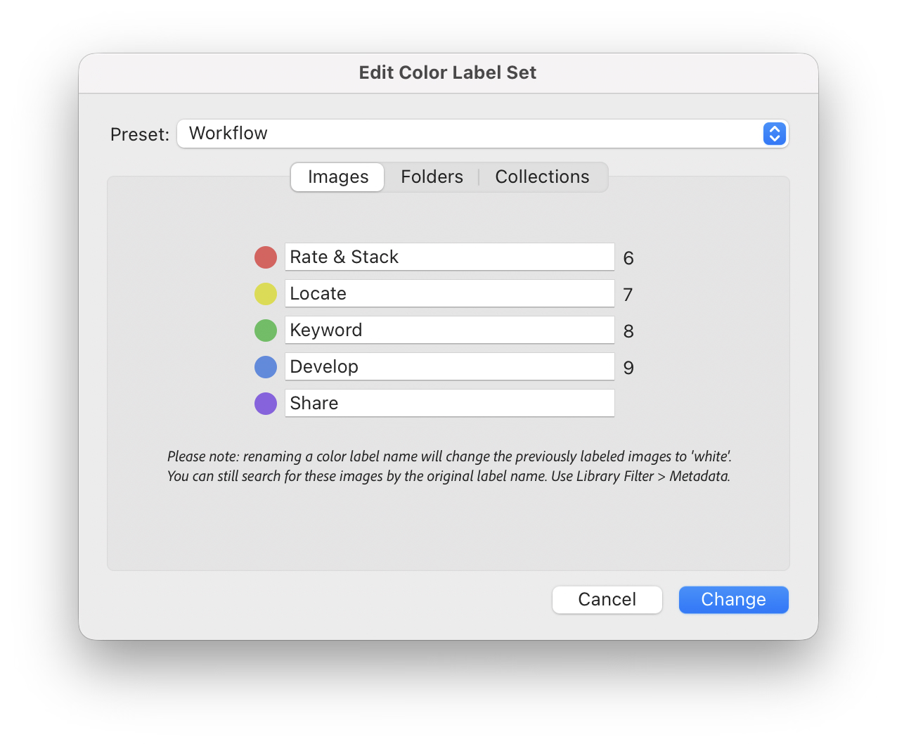Lightroom Classic color label set with Rate and Stack, Locate, Keyword, Develop, and Share assigned to the five colors