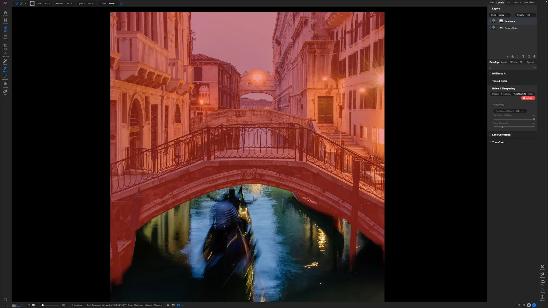 Mask overlay on the Tack Sharp layer covering the water and gondola while leaving the bridge and buildings unmasked