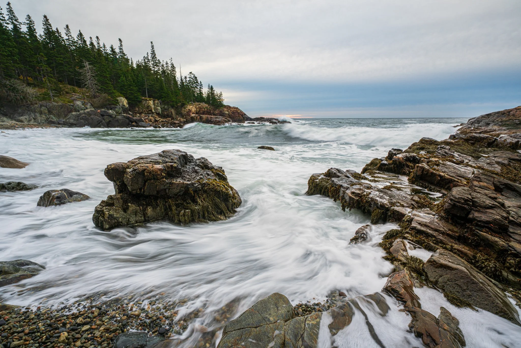 A photograph made in the Little Hunters Beach area of Acadia National Park during the autumn sunrise period.